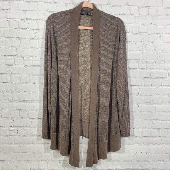 Chicos Travelers Cardigan Women XL Tan Glitter Slinky Flowy Office Preppy Duster - Picture 1 of 12